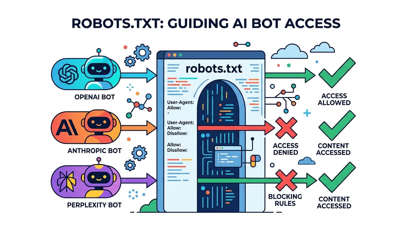Diagram of AI crawlers (GPTBot, ClaudeBot, PerplexityBot) being filtered by a robots.txt gateway