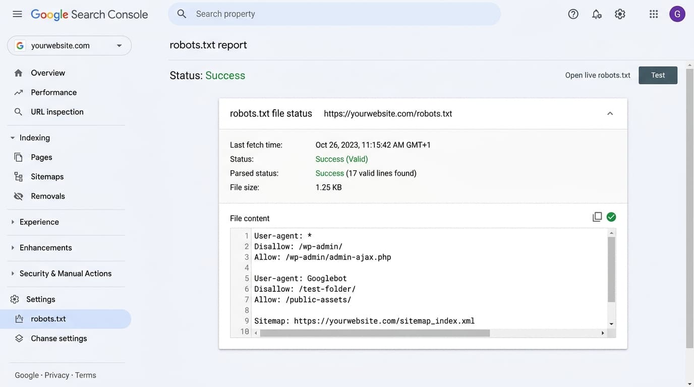 Google Search Console robots.txt report showing parse status and last fetch time