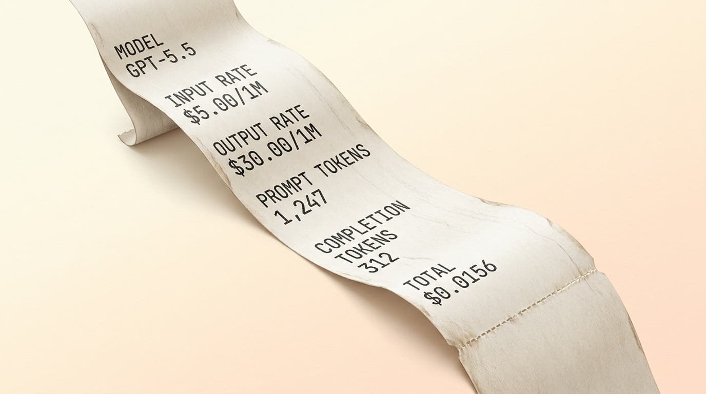 A long thermal printer receipt unrolling diagonally across the frame, printed with input and output token counts that sum to a small dollar total, against a soft gradient background.