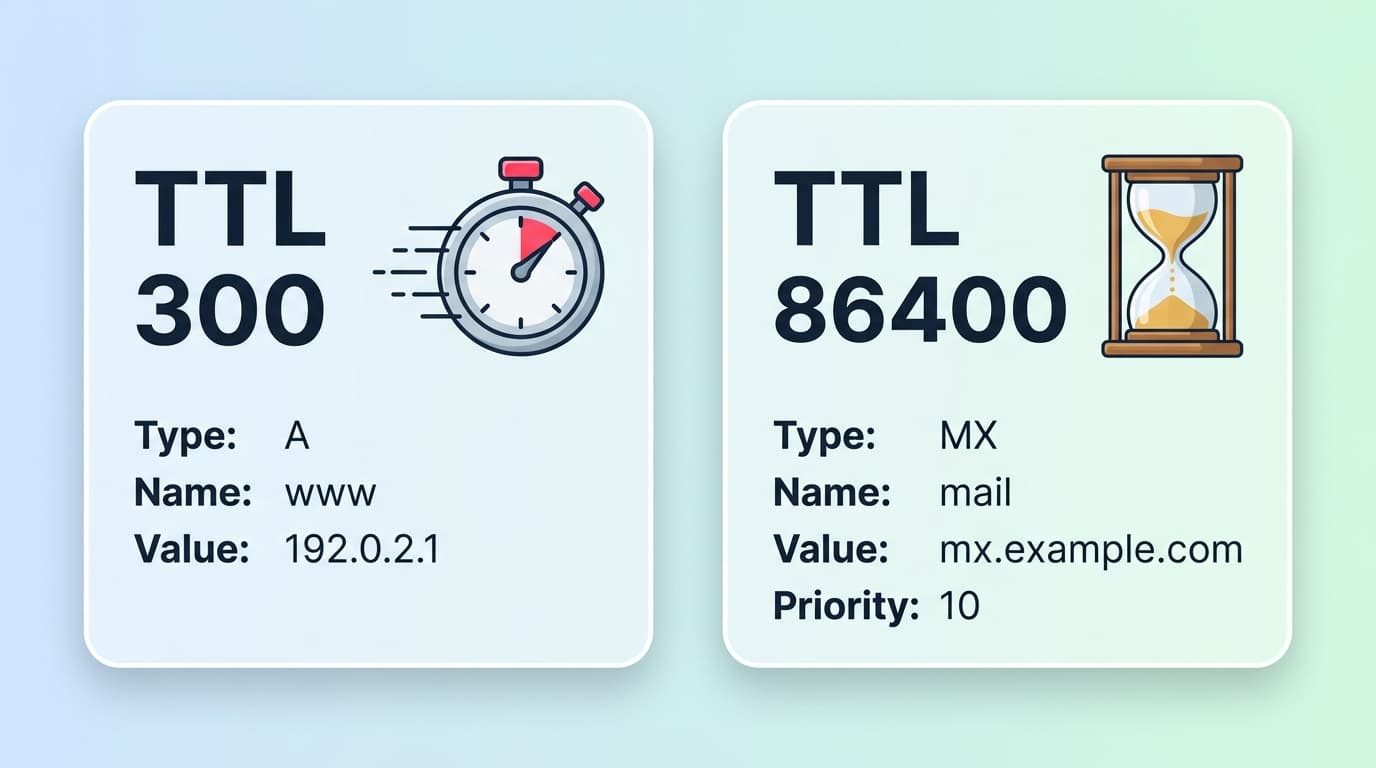 Comparison of DNS records with TTL 300 seconds versus TTL 86400 seconds