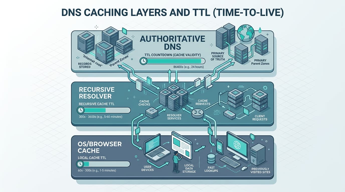 Diagram of the three DNS cache layers: authoritative server, recursive resolver, and local OS or browser