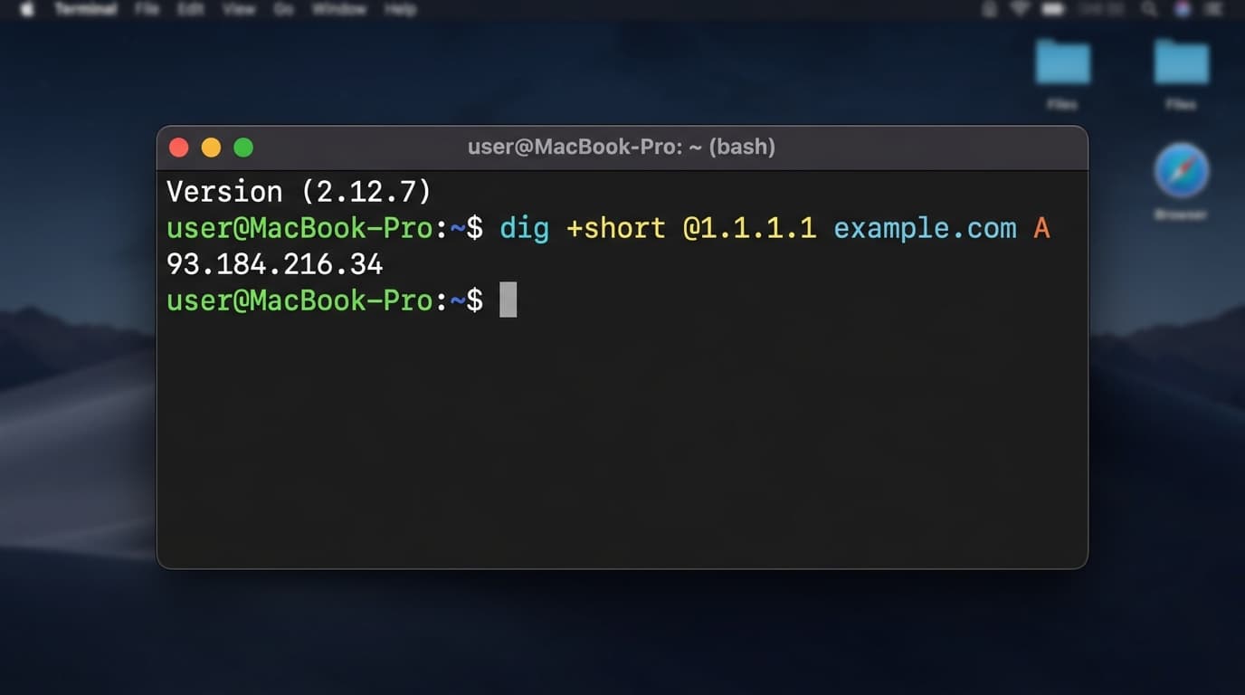 Terminal showing a dig command checking an A record against the Cloudflare 1.1.1.1 resolver