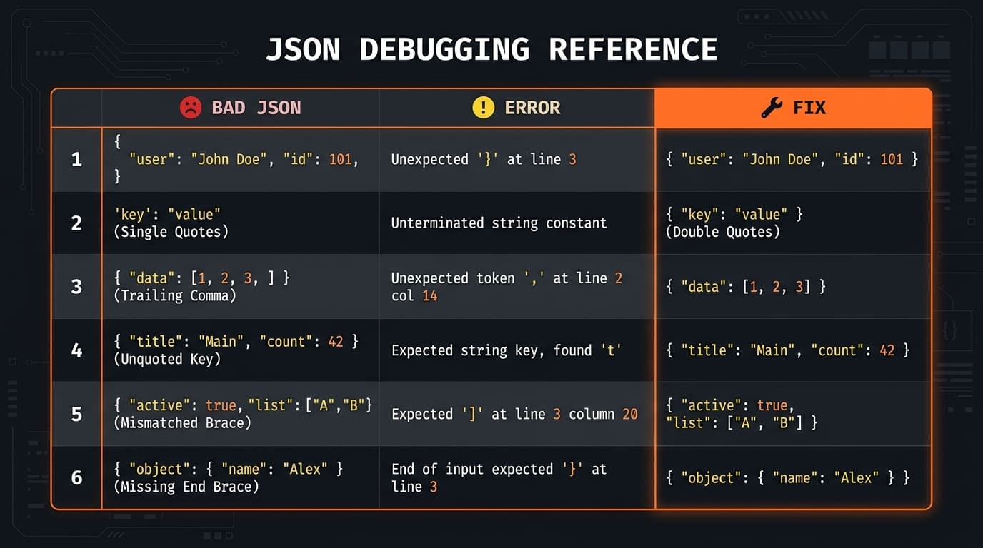 Table of common JSON syntax errors with the broken snippet and the fix