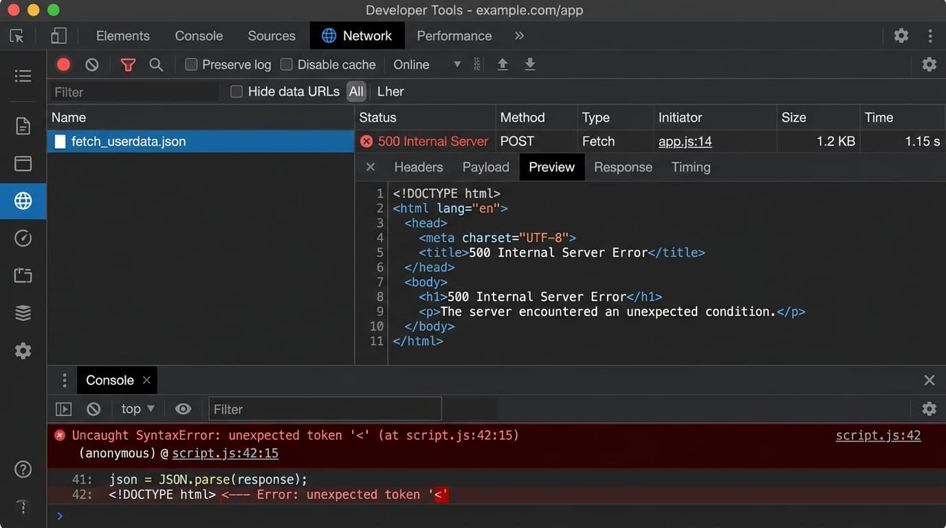 DevTools showing an HTML 500 page returned where JSON was expected