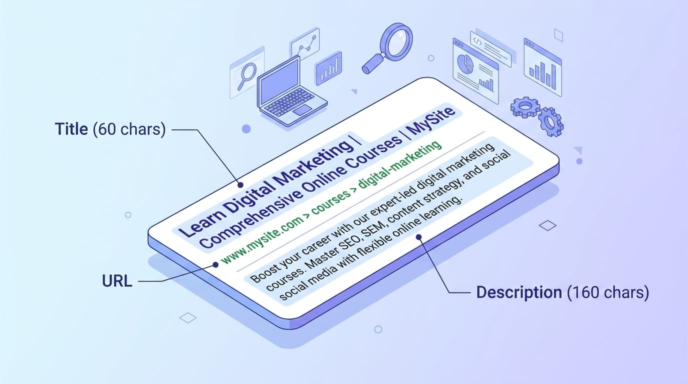 Annotated Google search result showing title tag, URL, and meta description with character limits labeled.