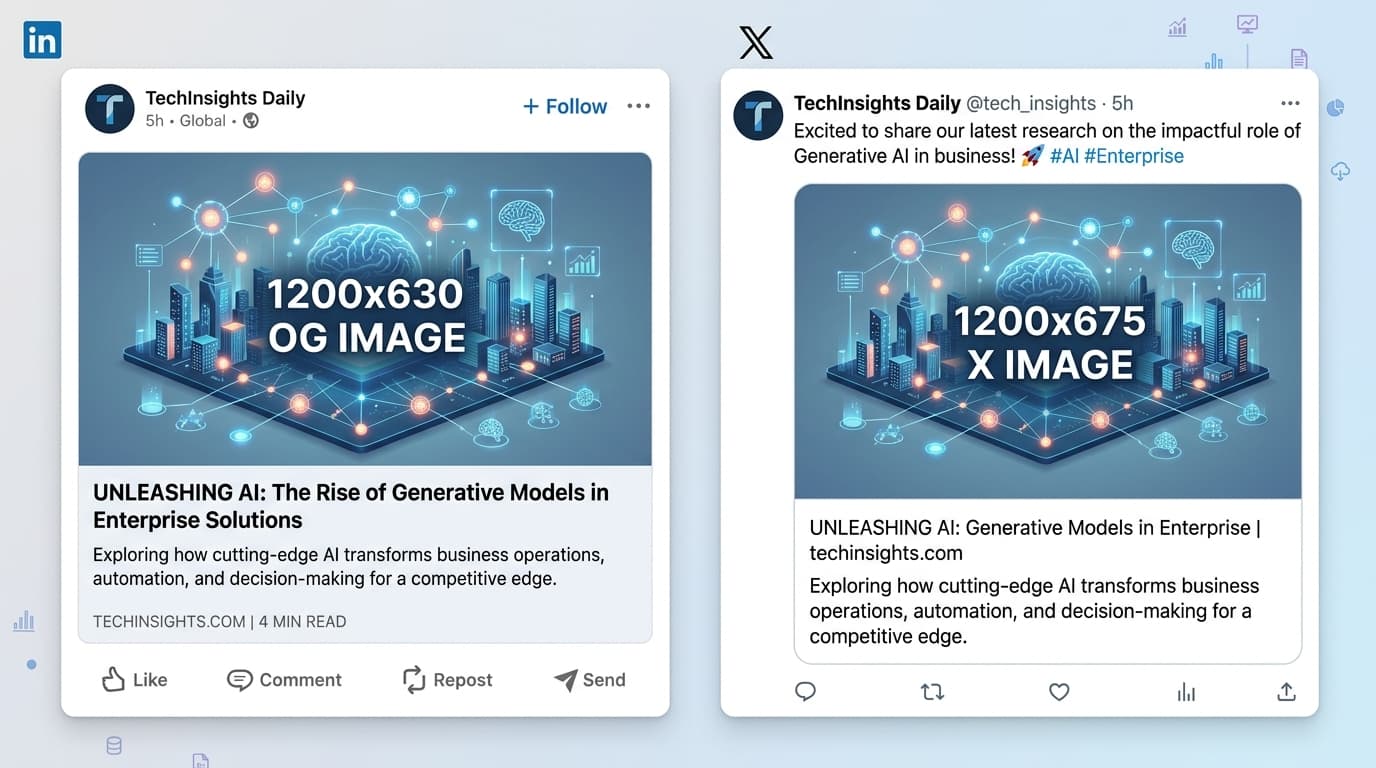 A LinkedIn share card next to an X post preview card, both showing the same article with image, title, and description.