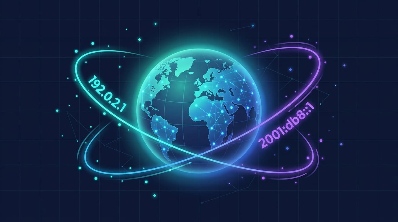Illustration of a globe with IPv4 and IPv6 addresses orbiting it, representing how IP addresses identify devices on the internet