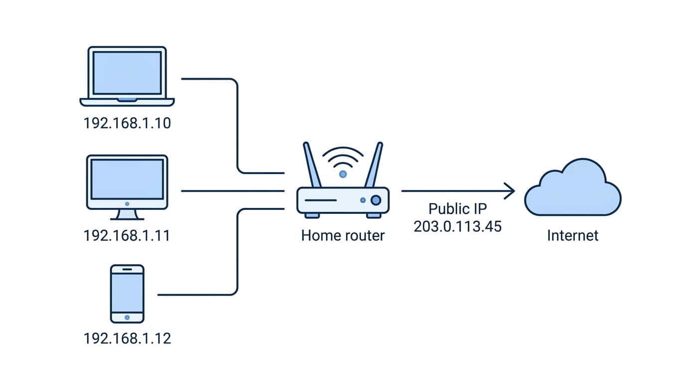 Network diagram showing three home devices on private 192.168 addresses behind a router and a single public IP address facing the internet