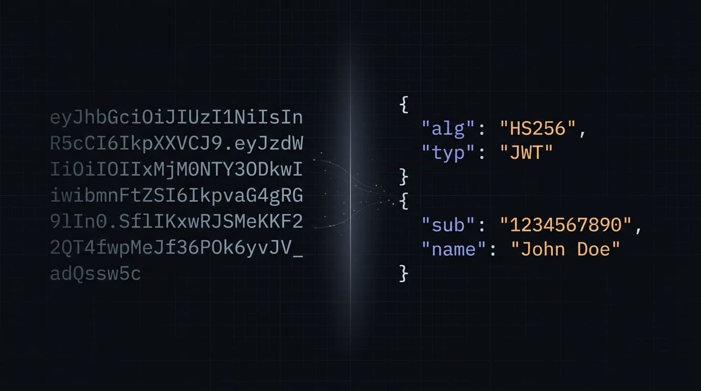 A base64url-encoded JWT string on the left decoding into readable JSON header and payload on the right